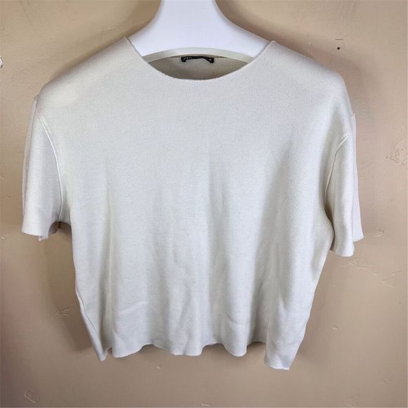 Zara Women's White Knit Wool Blend Crew Neck‎ Shirt Size Large Short Sleeve - Picture 1 of 5